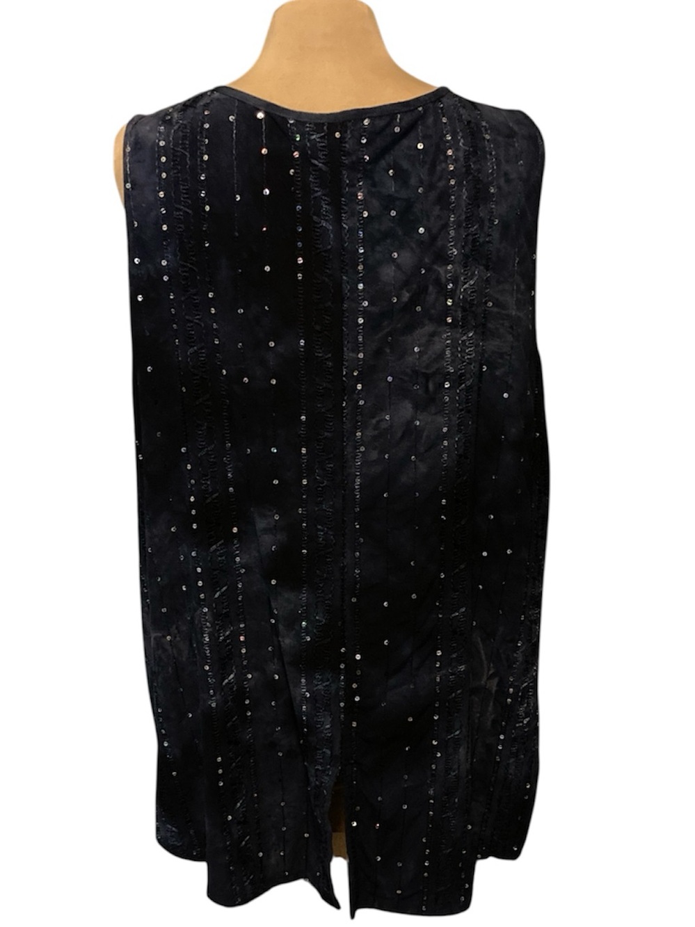 Sleeveless Navy V-Neck Top with Batik-Like Pattern and Sequin Detail - Picture 2 of 8